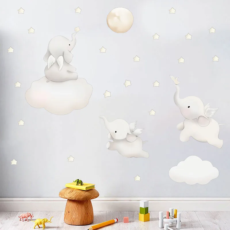 Белые летающие наклейки на стену в виде слона для детской комнаты детского сада