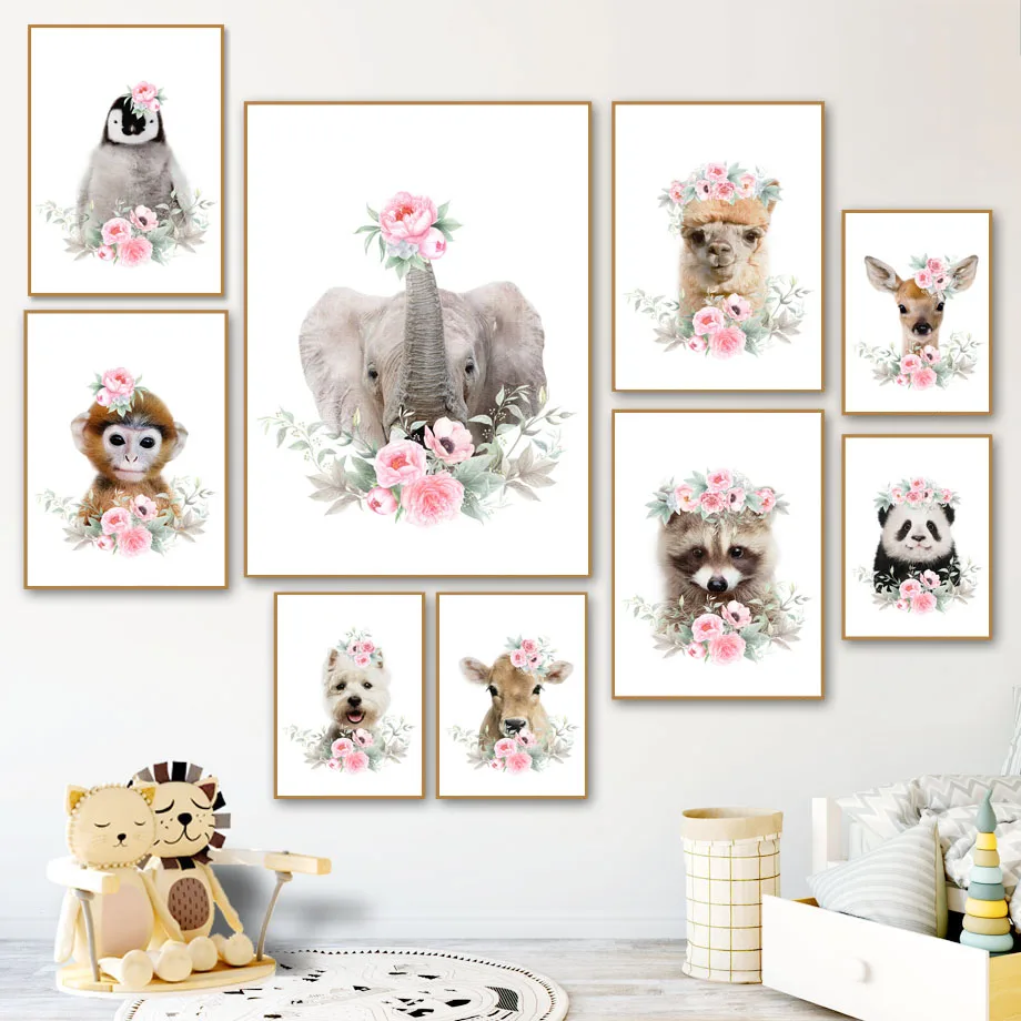 

Elephant Panda Monkey Llama Raccoon Penguin Dog Nordic Posters And Prints Wall Art Canvas Painting Wall Pictures Kids Room Decor