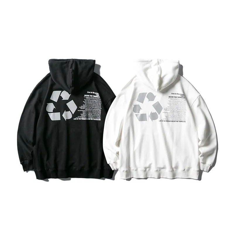 

New Reflective Printing Men's Hoodie Casual Black/White Cotton Pullover Popular Brand Street Clothing