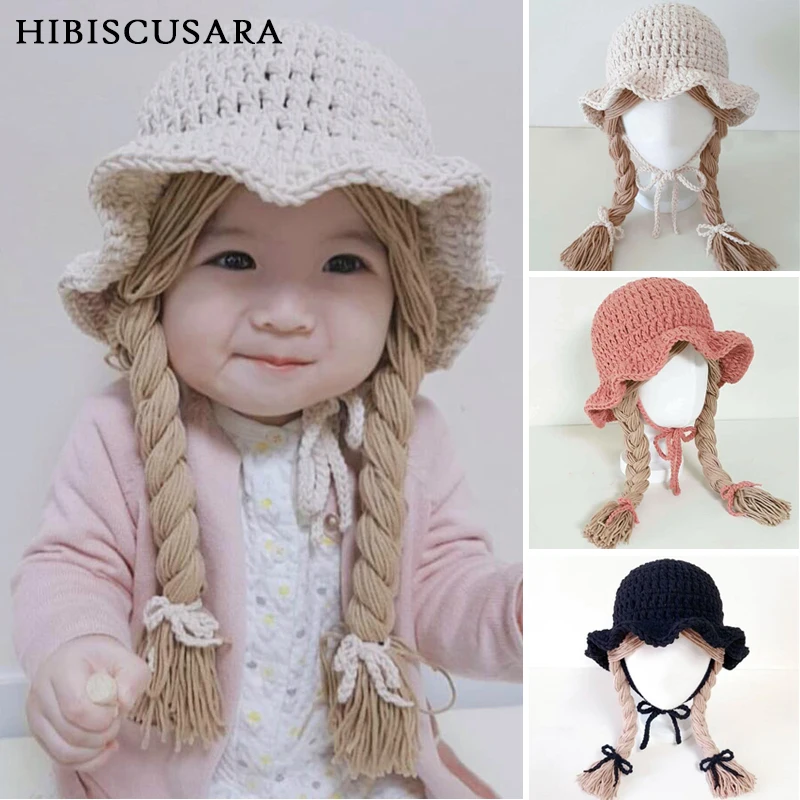 1-5 Yrs Girls Hat Kids Hand Knitted Caps With Braids Childre