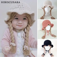 1 5 yrs girls hat kids hand knitted caps with braids children autumn winter fashion wigs hat plaits wig bonnet photo accessories