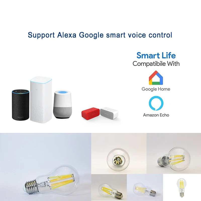 E27 WiFi smart led filament bulb tuya APP control to adjust brightness support Alexa Google voice LED light | Освещение