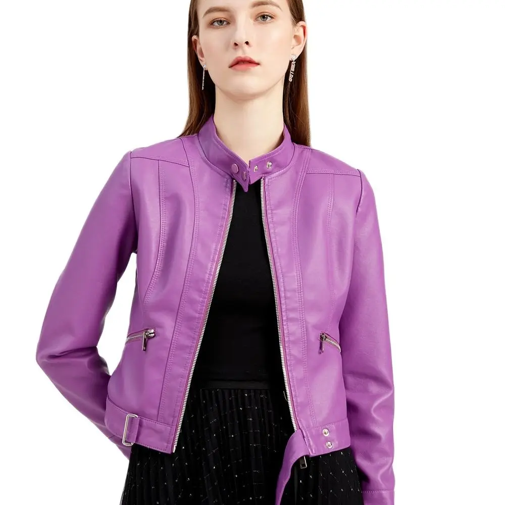 

MODX 2021 Fashion autumn New leather clothes women's short stand collar solid leather jacket women's thin casual leather coat