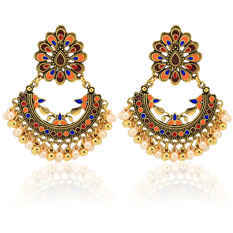 

2021 Ins Indian Jhumki Jhumka Handmade Beads Enamel Flower Piercing Bohemia Earrings Vintage Women Party Jewelry