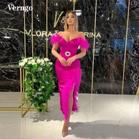 verngo 2022 fuschia satin mermaid evening dresses off the shoulder feathers side slit formal party dress women prom gown