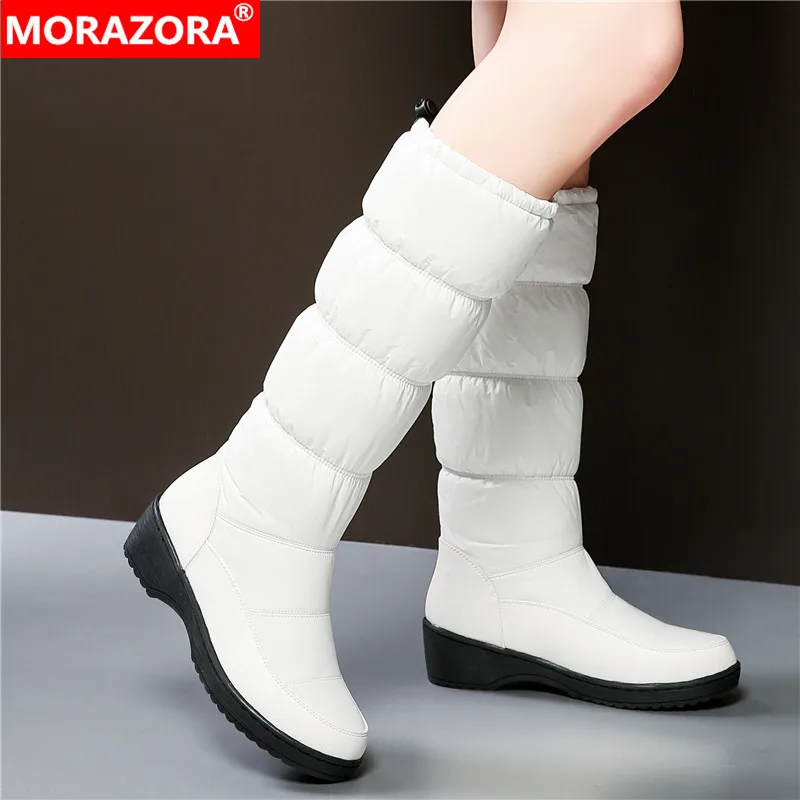 MORAZORA/3 цвета, теплые женские зимние сапоги на пуху ботинки до середины икры с густым мехом и плюшем женские белые, черные, женские хлопковые сапоги