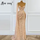 Розовый Русалка Полный Бисероплетение Разделение вечерние платья 2021 на одно плечо, элегантная, плащ с длинными рукавами для женщин вечерние Vestido De Novia