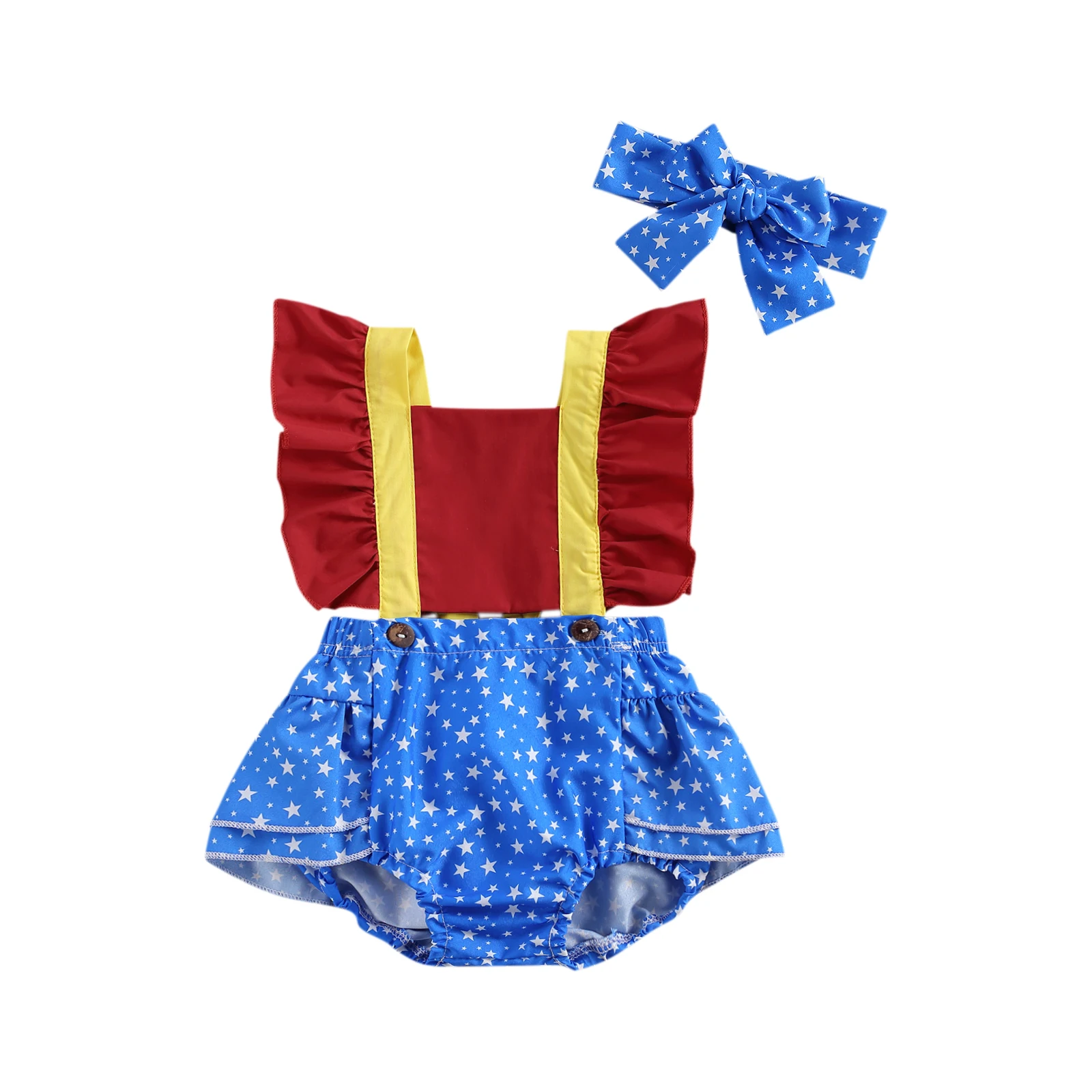 

2Pcs Fashionable Baby 2Pcs Baby Girls Summer Clothes Ruffle Sleeve Star Print Romper Bodysuit with Headband Set