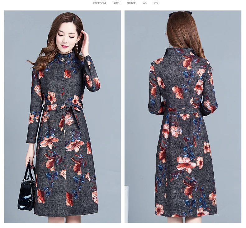

Winter Fall Vintage Womens Stand Collar Printed Floral Pattern Long Trench Coat , Flower Coats for Women , Woman 5xl Overcoat