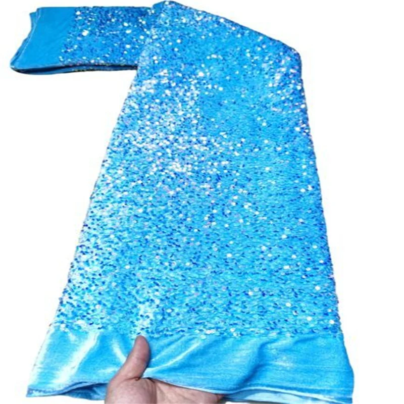 

2021 sky blue Velvet Sequin Net Lace High Quality Emerald Green Sequin Latest Embroidery Fabric Party Asoebi Nigeria African