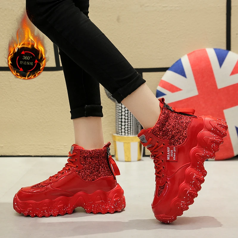 

Ins Popular Women Chunky Sneaker Big Snow Bottom Fashion Casual Shoes 2020 Bling Upper Girl Street Shoe Winter Snow Boot Outdoor