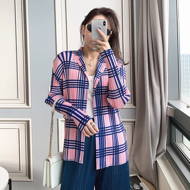 

Miyake pleated Tunic women's summer blouse fashion 2020 long-sleeved 2020 autumn Korean style top plaid cardigan casual shirt