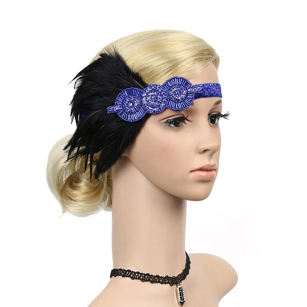 Blue 1920s головной убор с перьями, головной убор «Грейт Гэтсби», головной убор, винтажный праздничный костюм, платье, головной убор, аксессуары для волос - Цвет: Blue