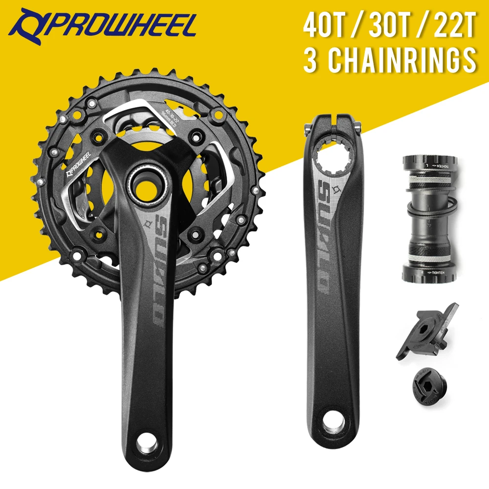 

Комплект кривошипов Prowheel SUOLO для горного велосипеда 40T/30T/22T, 3 звездочки 96/64BCD поставляются с кривошипом BB 170 мм