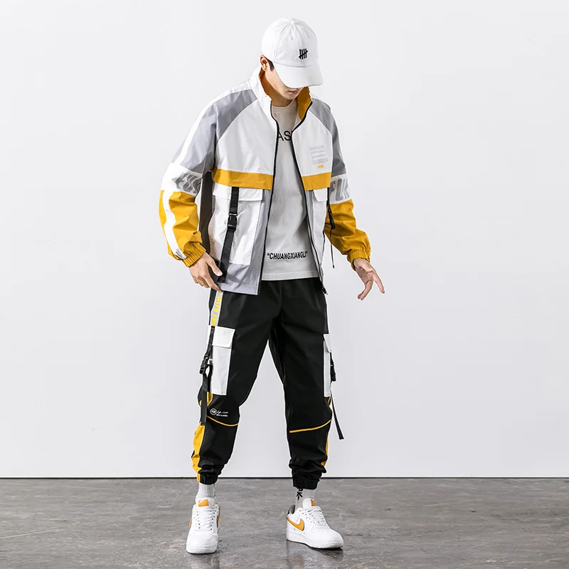 

Mens Tracksuit Jacket+Pants 2Pc Sets 2021 Hip Hop Workwear Jacket Baseball Loose Zipper Ribbons Coat & Long Pants Mens Clothes