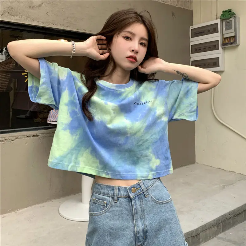 

Tie-dye Short-sleeved T-shirt Female Summer 2021 New Design Sense Niche Navel Short Sweet Hot Girl Top Ins Tide