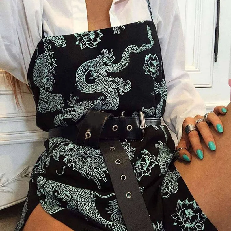 

Vintage Dragon Printed Split Mini Dress Women Street Strap Dresses Slim Party Short Dresses