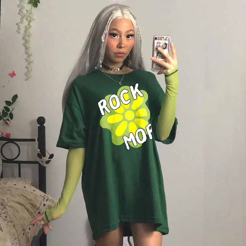 

ZOVSV Green Y2K 2000s Aesthetic Casual Oversized T Shirt Women Fake 2 Piece Long Sleeve T-shirt Ladies Floral Print Autumn Groot