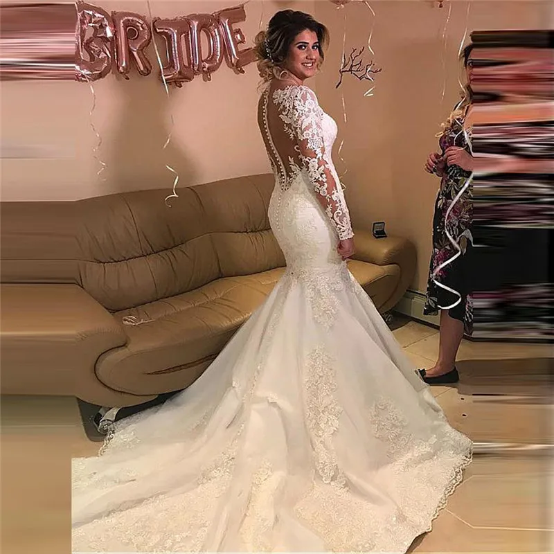 

Sheer Long Sleeves Slim Fitted Mermaid Wedding Dress Lace Appliques Buttons Back 2020 Women Bridal Gowns Customized