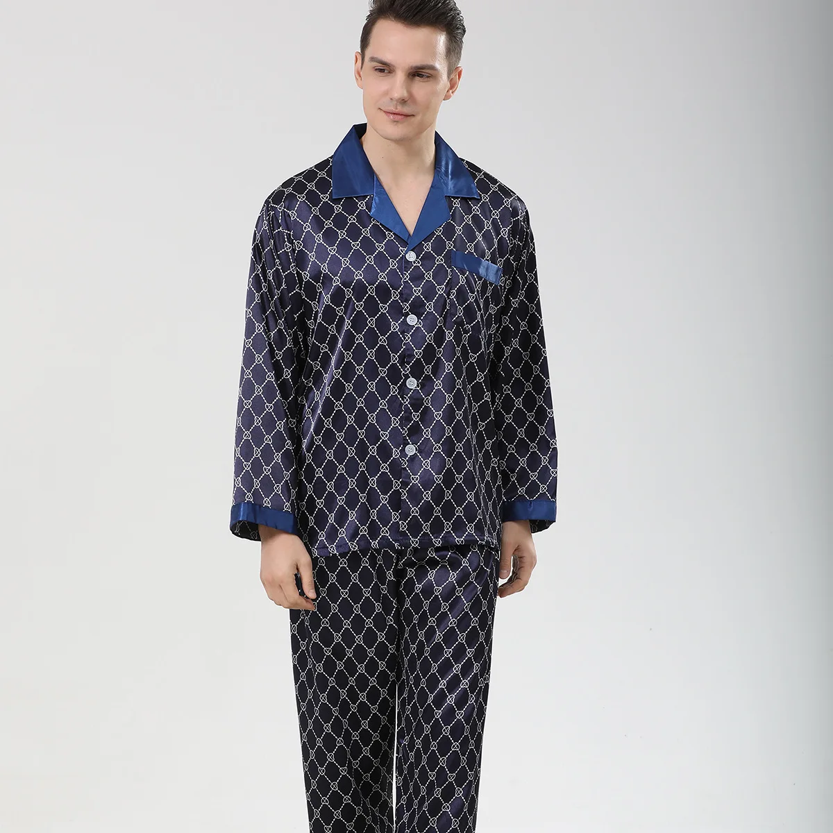 

Men Plus Size 3XL Pajamas Set Sleepwear Navy Blue Plaid Sleepwear Trouser Suits Long Sleeve Elastic Waist Pijamas Suit Home Wear