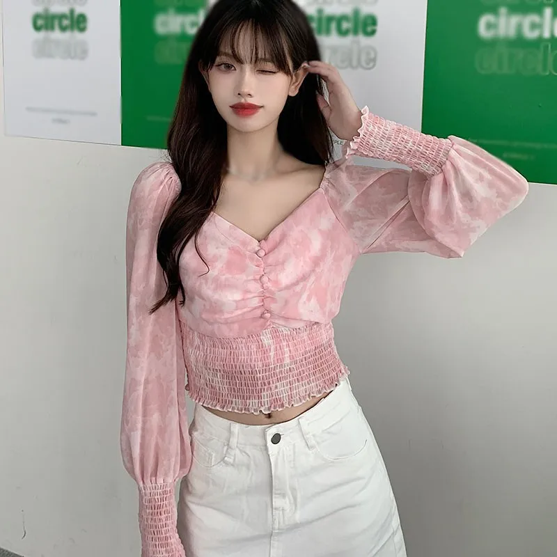 

Spring Autumn Long Sleeves Chiffon Shirt Women Tie-dye Print V-Neck Puff Sleeve Blouses Short Tops Fashion Women Clothing/