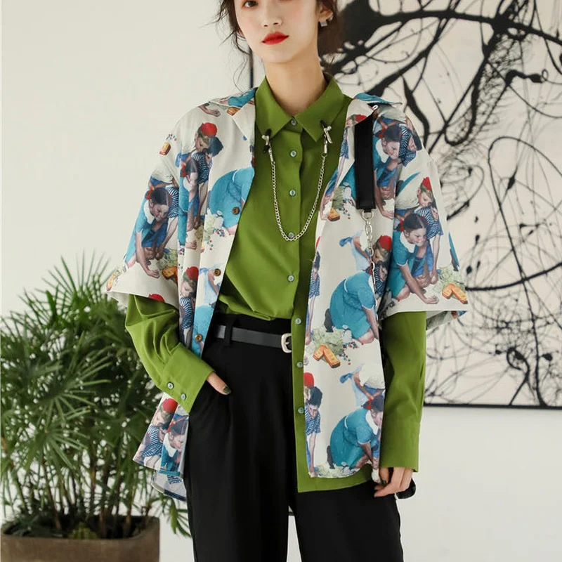 

Retro Design Turn Down Collar Long-sleeved Women's Tops Simple Solid Casual Loose Shirt Office Lady Shirts 2021 Spring Summer