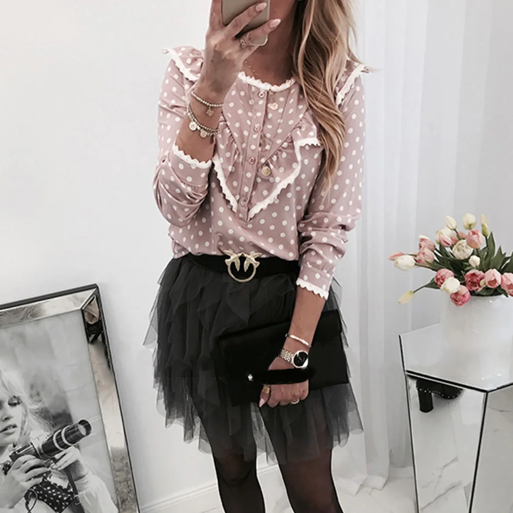 Женская блузка в горошек с рукавами 3/4 женская рубашка круглым вырезом женские