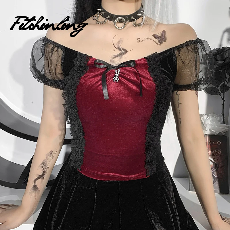 

Fitshinling Gothic Tees Velvet Puff Sleeve Slash Neck Cropped Feminino Goth T-shirt Embroidery Sexy Off Shoulder Tops Dark
