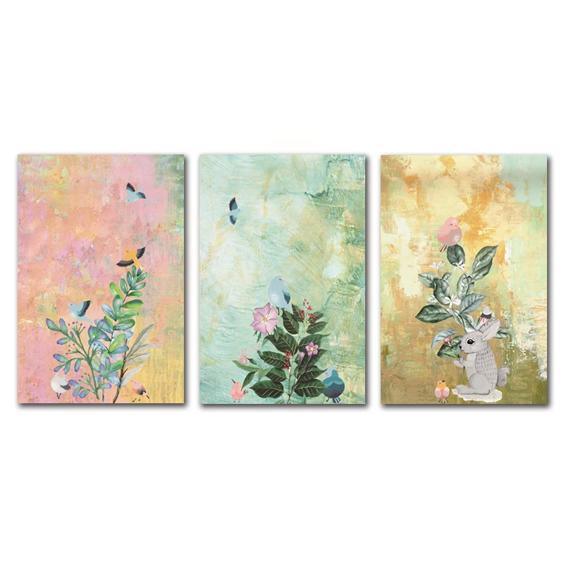 

Elegant Bird Rabbit Wall Painting Green Plant Flower Cute Decorative Painting Home Watercolor Printing Frameless Printing Poste