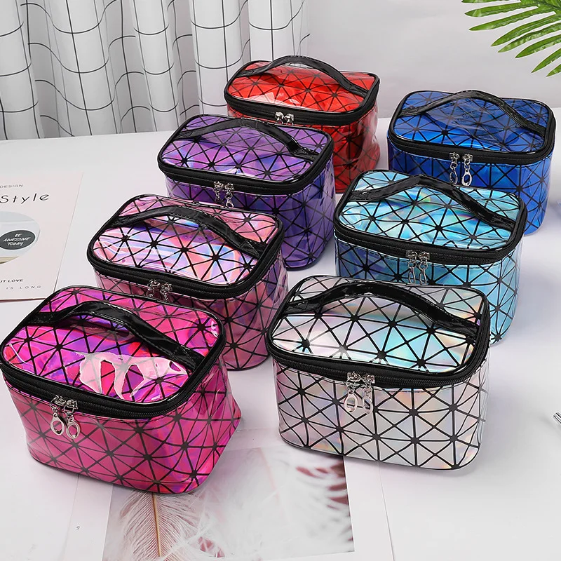

Korean Plaid 3D laser patent leather cosmetic bag diamond pattern portable storage bag square bag large capacity