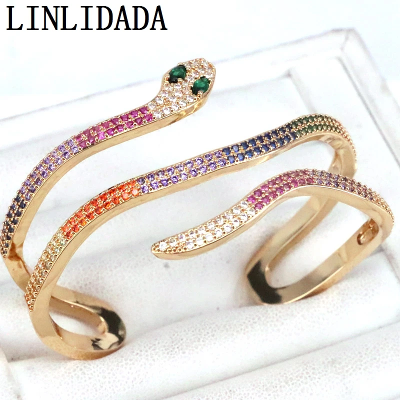 

2Pcs Luxury fashion multicolor Cz Zirconia Micro Pave snake shape women Cuff Bracelet Jewelry for Women Best Gift