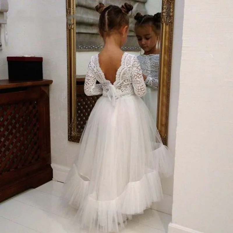 New White Ivory Flower Girl Dress Tulle Lace Long Sleeve O Neck Girls Birthday Dress Pageant Party Gown