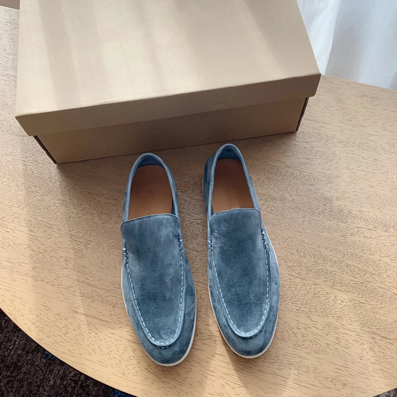 

2022 Winter Italy Suede Calfskin Walk Loafers for Women Nude Shoes Slip On Round Toe Driving Shoes Woman Casual Royal Blue Flat
