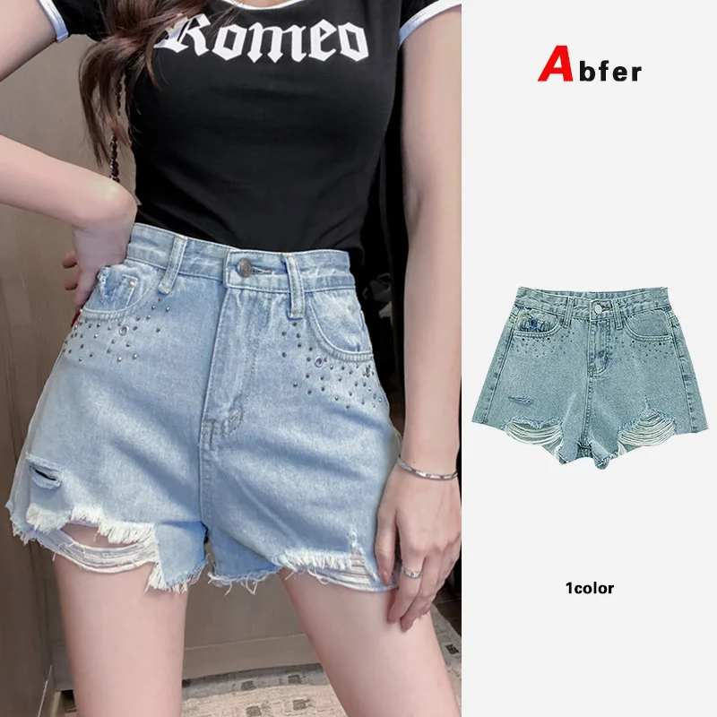 

Женские рваные джинсовые шорты Abfer, летние модные рваные джинсовые шорты с бисером, рваные джинсы в панк