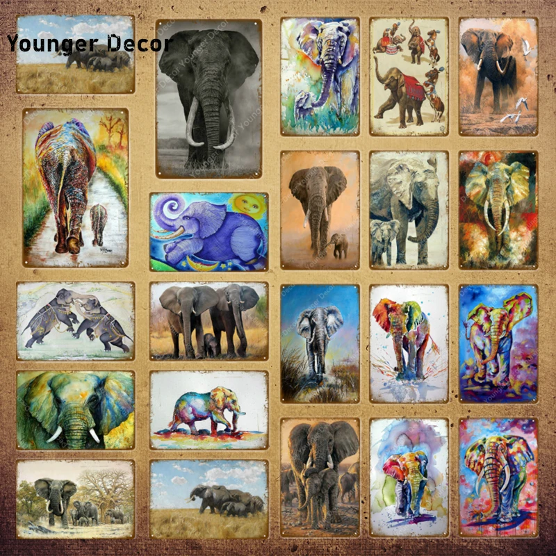 

Vintage Animals Oil Prints Elephant Posters Metal Signs Wall Sticker Art Painting For Pub Bar Living Room Home Decor YI-105