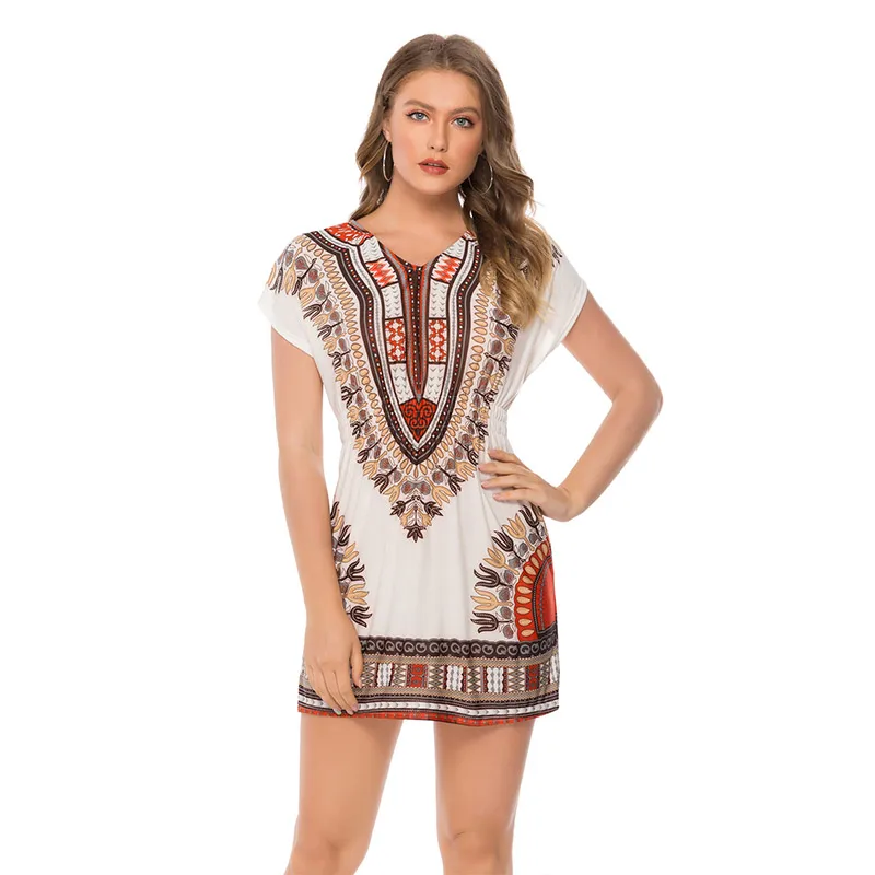 Женская короткая пляжная туника с запахом богемное летнее платье цветочным