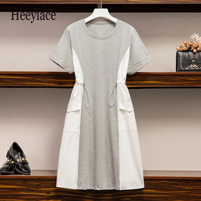 

Женское платье-пуловер с коротким рукавом, круглым вырезом и двумя карманами