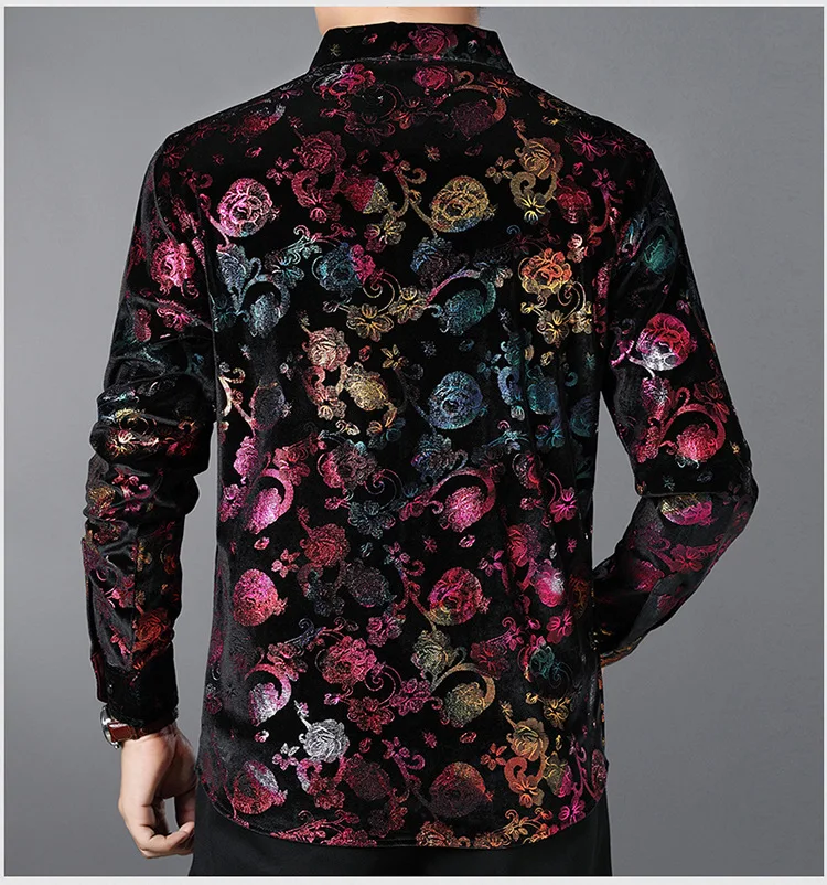 Shiny Floral Print Velvet Dress Shirts Men Slim Fit Long Sleeve Stylish Velour Shirt Mens Social Casual Party Prom Chemise Homme