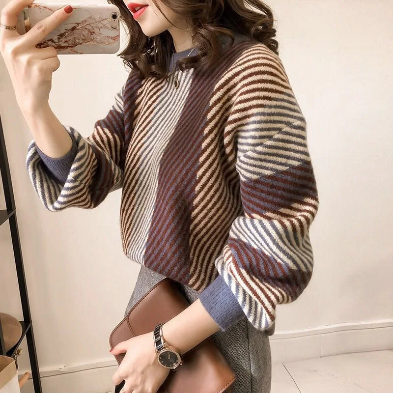 

Ladies Elegant Fashion Stripe Sweater Women Color Matching Round Neck Pullover Korean Tops Japanese Fashion Knitwear Clothes