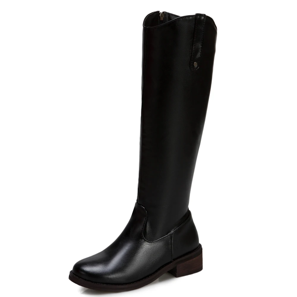 

Сапоги рыцарские из искусственной кожи, на низком каблуке, с круглым носком, на молнии, коричневые, Короткие Плюшевые, теплые, Осень-зима, до ...