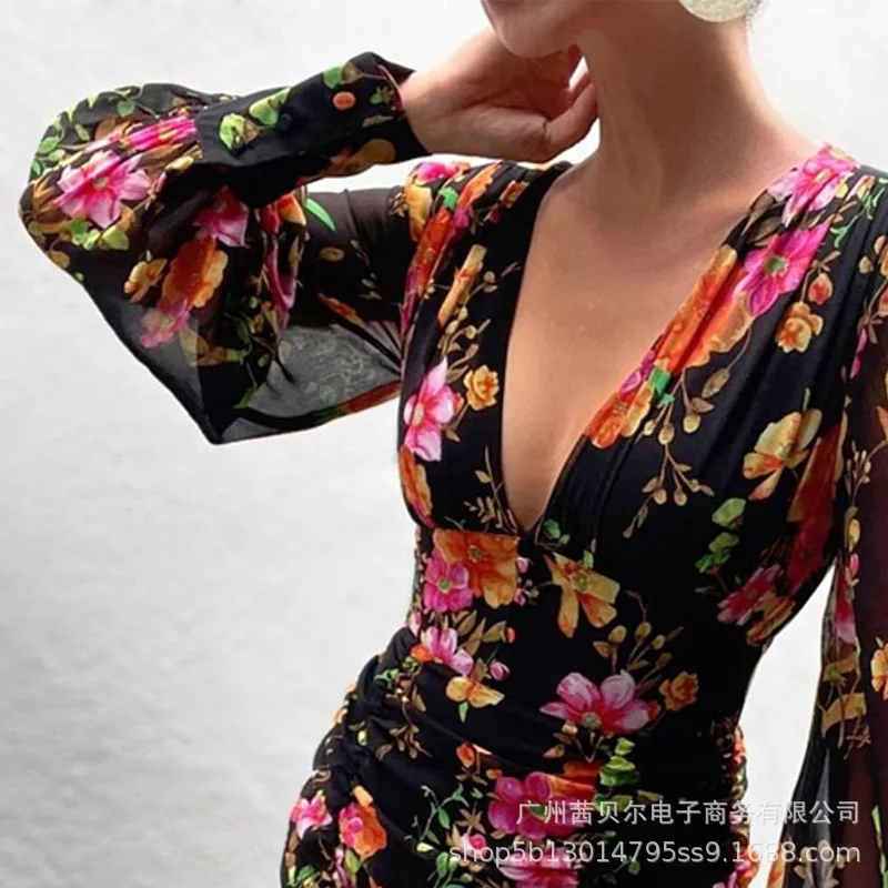

Mandylandy Dress Summer Fashion Lantern Sleeve V-neck High Waist Dress Women's Casual Floral Print Slim Dress