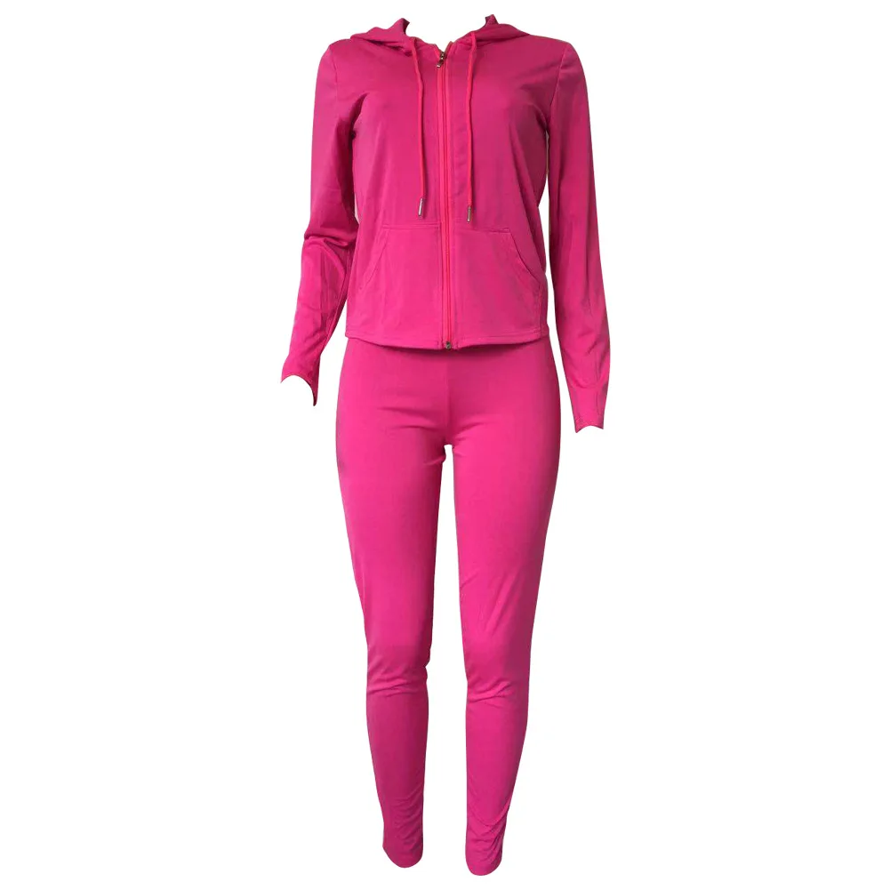 rosered HAOYUAN комплект из двух предметов, осенний спортивный костюм с капюшоном, на молнии, с карманами, топ и длинные штаны, спортивные костюмы, женские комплекты из 2 предметов - Цвет: rosered