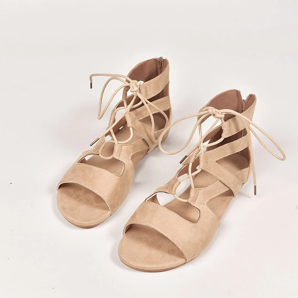

Roman Flat Sandals Zipper Beach Women Lace Up Peep Toe Shoes Casual Ladies Shoe Summer Shoes Gladiator Roman Sandals Flat