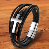 tyo magnetic charm stainless steel black genuine leather cross bracelet for men bangles rope multilayer christmas gift