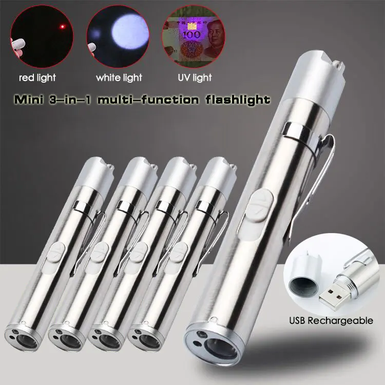 

Mini USB Rechargeable 3in1 LED Flashlight Powerful LED Torch Waterproof Design Penlight uv light banknote /Laser pointer light