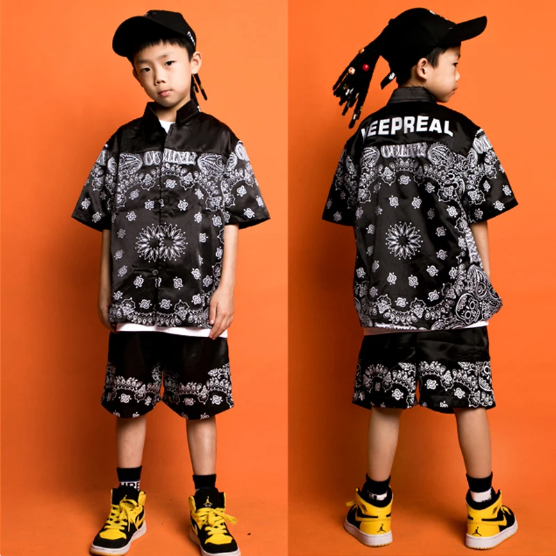 

Children Hip Hop Street Dance Clothes Fashion Print Boys Girls Black Short Sleeved Tops kids Catwalk Costumes Stage Wear VDB2239