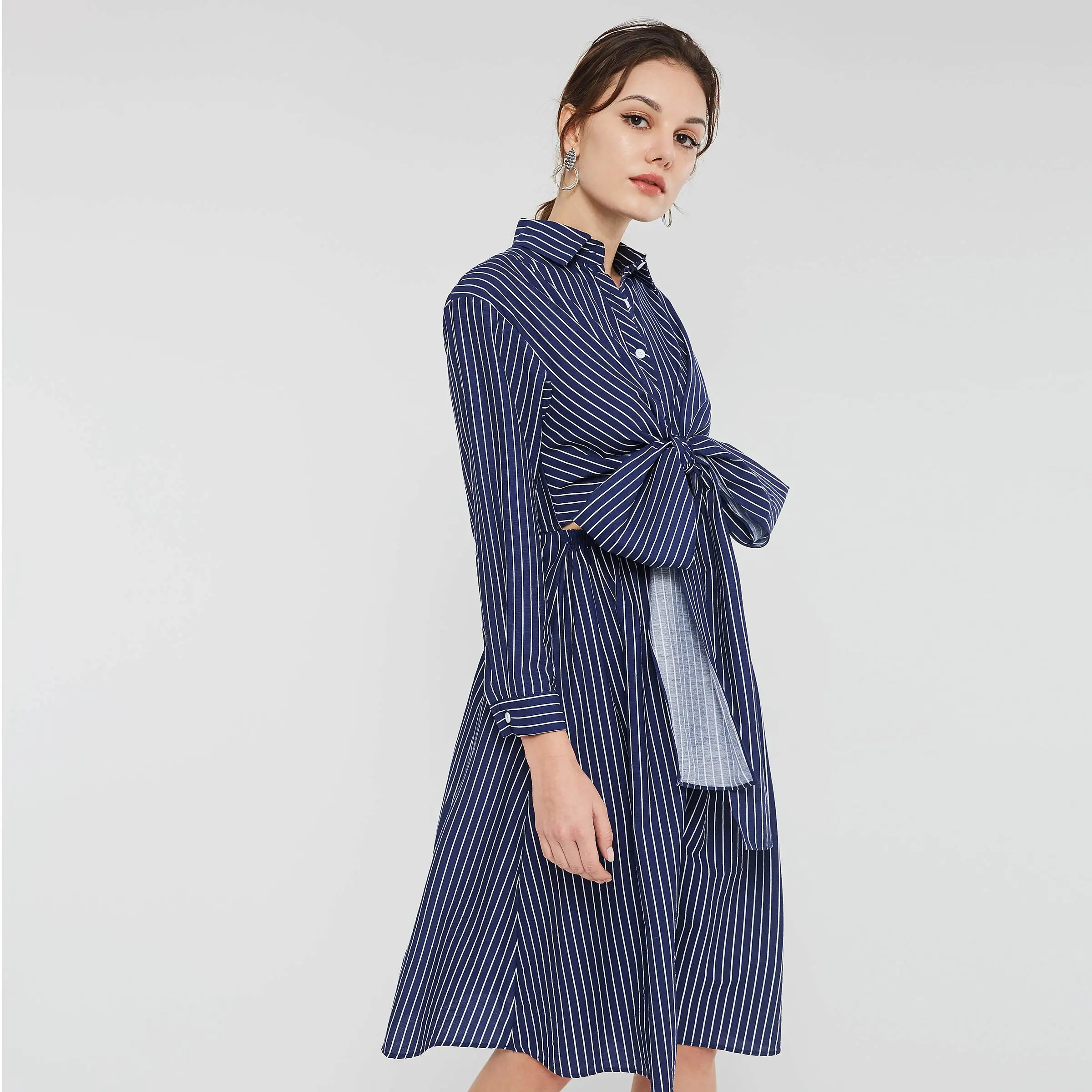 Женское офисное платье в Корейском стиле элегантное рубашка синюю полоску с