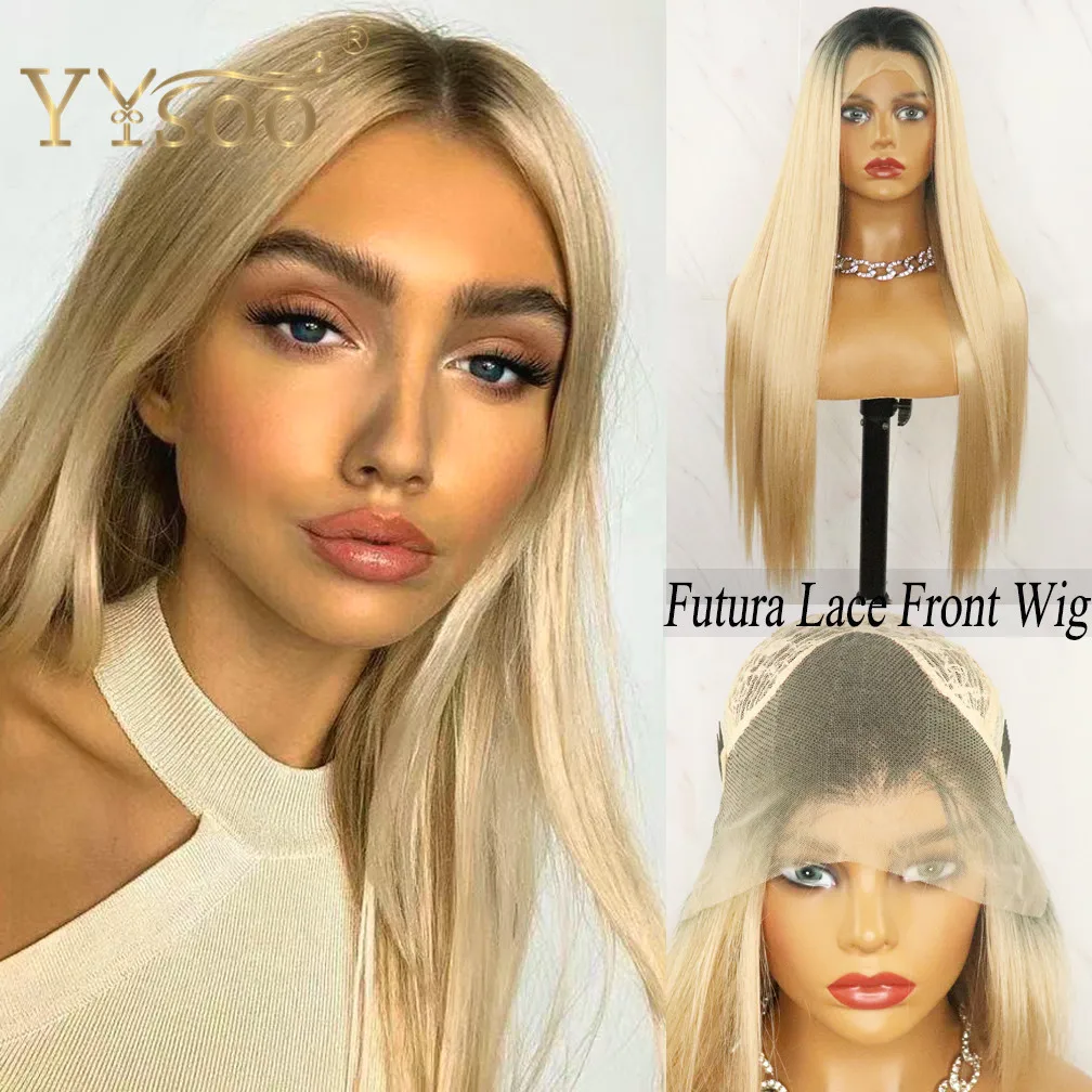 YYsoo1B/103 Long Pre Plucked Ombre Glueless13x4 Synthetic Lace Front Wigs For Women Futura Heat Resistant Straight Wig Dark Root