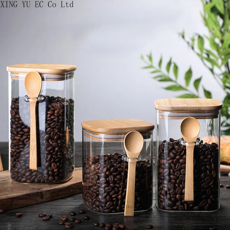 

Japanese Style Square Glass Airtight Jar Coffee Bean Tea Storage Jar Kitchen Supplies Food Storage Jar with Wooden Spoon