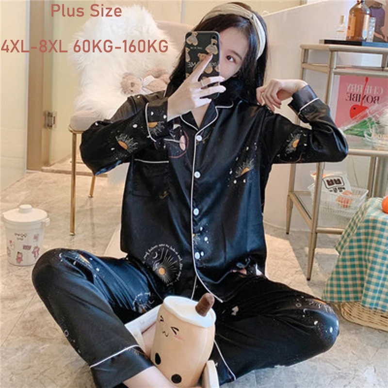 

Plus Size 3XL-8XL Silk Satin Women Pajamas Long Sleeve Long Pants Turn-Down Collar Pyjamas Leisure Pijama Soft Sleepwear Set